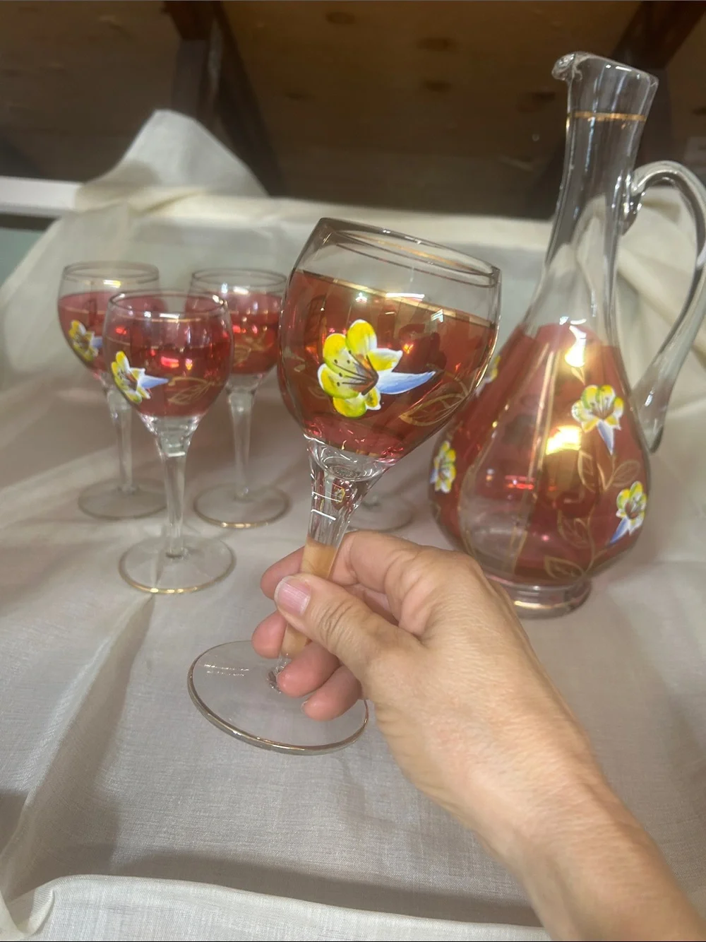 Vintage Hand Painted Glass decanter and Glasses